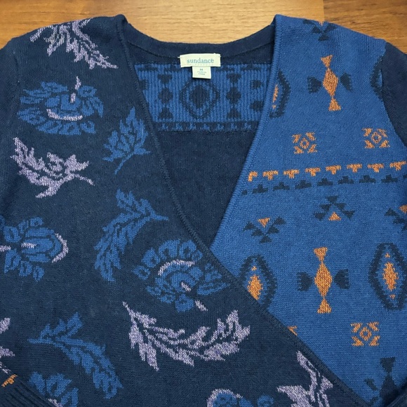 Sundance Galaxy Delight Merino Wool Wrap Sweater Blue Fair Isle Size Medium - Picture 4 of 12